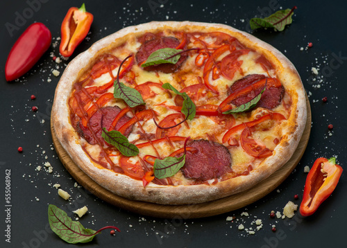 Spicy pizza with salami and sweet pepper. Italian traditional food. Popular street food.