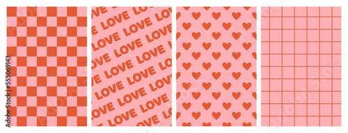 Groovy lovely backgrounds. Love concept. Happy Valentines day greeting card. Funky pattern and texture in trendy retro 60s 70s cartoon style. Vector illustration in pink red colors.