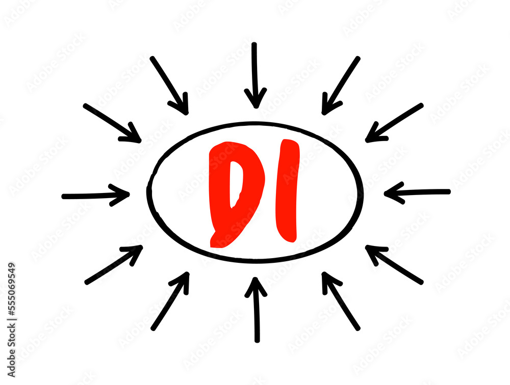 DI Dispatch Information - procedure for assigning employees or vehicles to customers, acronym text concept with arrows DI Dispatch Information - procedure for assigning employees or vehicles to customers, acronym text concept with arrows