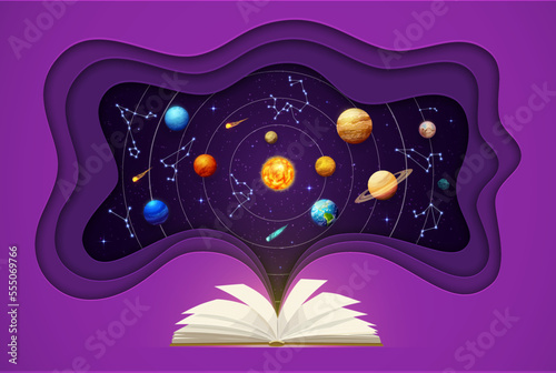 Space paper cut with book, solar system planets and constellations. Vector paper cut art with open textbook, starry galaxt sky and zodiac. Astrology, astronomy science, horoscope predictions