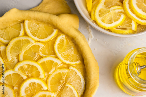 Making a lemon pie. Lemon pie filling. Top view