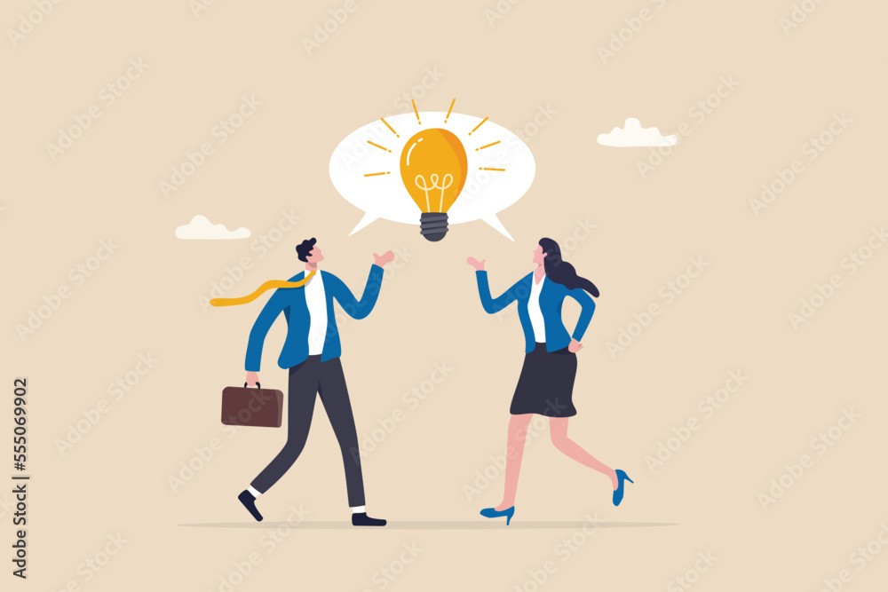 Communicate idea in business discussion, effective communication to brainstorm and come up with solution or result concept, businessman and woman coworker talking speech bubble with lightbulb idea. Communicate idea in business discussion, effective communication to brainstorm and come up with solution or result concept, businessman and woman coworker talking speech bubble with lightbulb idea.