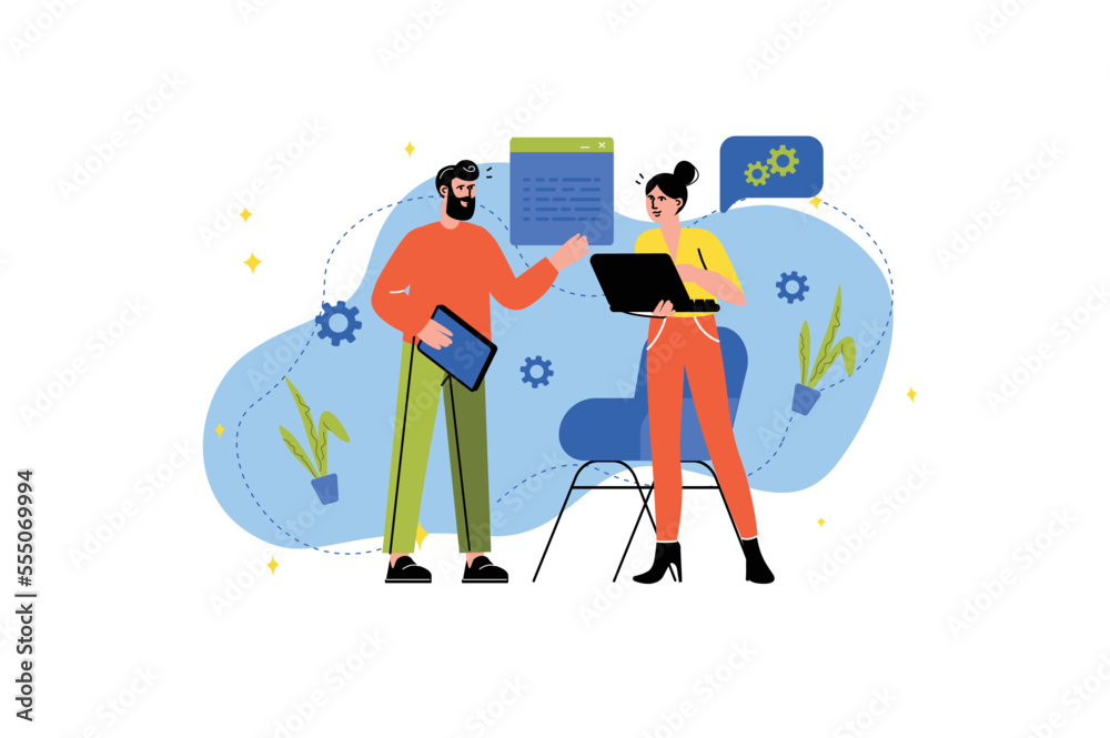 Concept Software developers with people scene in the flat cartoon style. Two programmer develop software for client which is suitable for different. Vector illustration.