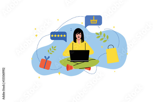Concept Shopping with people scene in the flat cartoon design. Girl chooses goods on the online store sitting at home and using a laptop. Vector illustration.