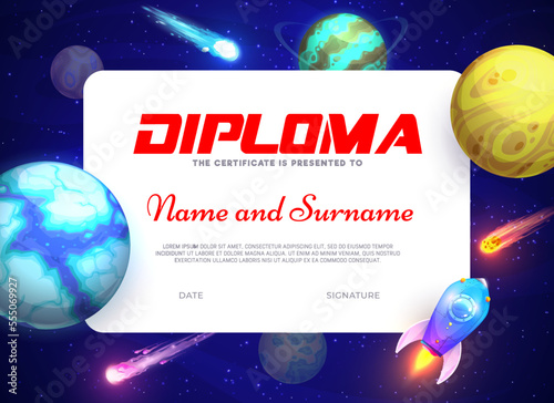 Kids diploma. Cartoon starry galaxy, space planets and rocket. Elementary school children graduation diploma or education achievement vector certificate with fantastic alien galaxy planets, spaceship