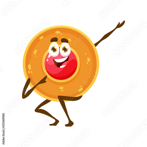Cartoon round crumbly cookie character. Funny vector dessert, bakery personage with jam dance and fun. Bakehouse production, fairy tale freshly baked pastry, kawaii bake house product smiling emoji