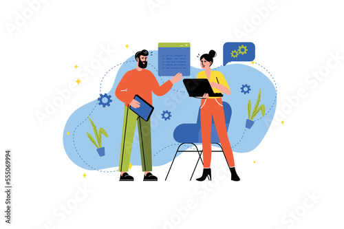 Concept Software developers with people scene in the flat cartoon style. Two programmer develop software for client which is suitable for different. Vector illustration.