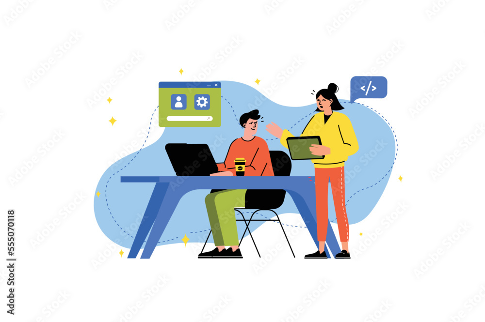 Concept UI UX programming with people scene in the flat cartoon design. Web designer shows a colleague how the new site should look. Vector illustration.
