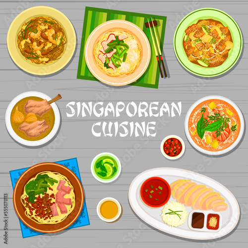 Singaporean cuisine menu cover, Asian food dishes and meals, vector. Singapore cuisine restaurant traditional chicken rice, wontons and seafood noodles soup laksa with pork meat ribs and salads menu