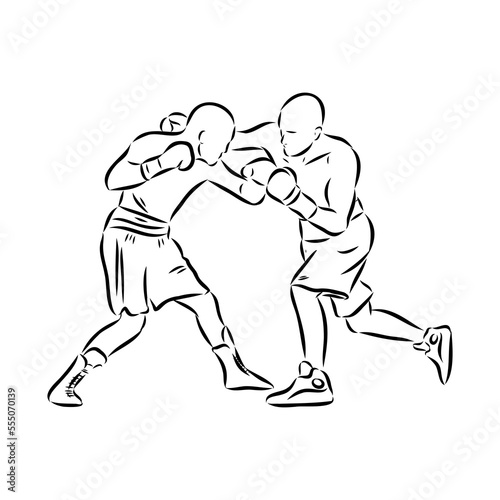 Hand sketch vector of Muay Thai or Thai Boxing. Beautiful martial art that use body parts to fight against each other. Self defense art. High kick but get defended with arm. © Elala 9161