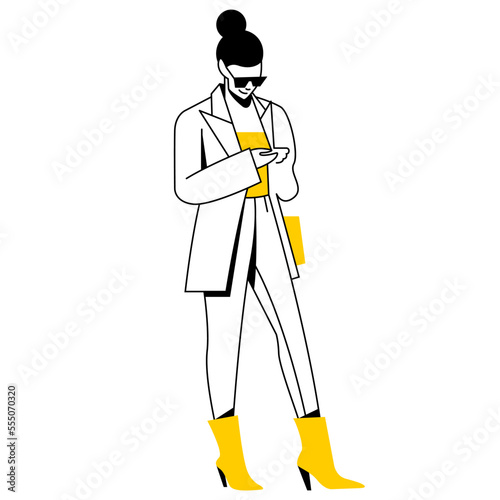 vector flat design trendy linear illustration beautiful stylish woman in jeans, jacket in high heels shoes stands with a smartphone in her hand. street style, fashion. isolated on white background.