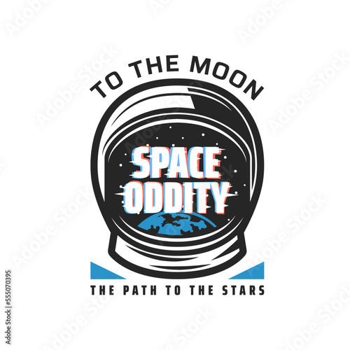 Space oddity icon, spaceman spacesuit and galaxy planet, vector spaceflight adventure. Mars space mission symbol with galactic stars and astronaut helmet, cosmos exploration badge