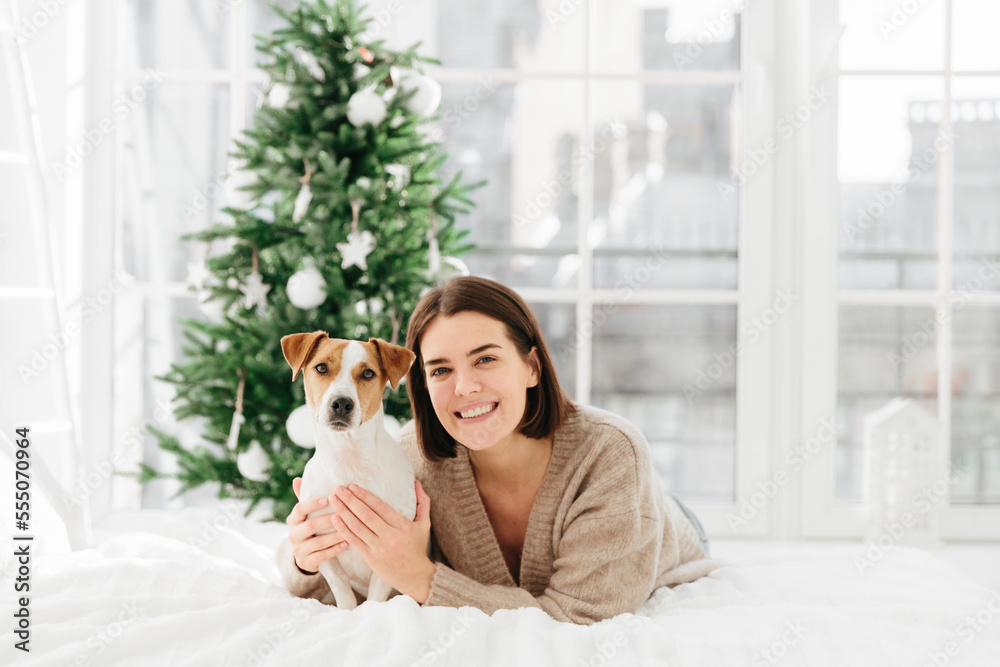 Love and care to pet. Pretty adult woman with short hairstyle, toothy smile, embraces her favourite dog, dressed in warm clothing, lie on comfortable bed against Christmas tree. Winter time. Love and care to pet. Pretty adult woman with short hairstyle, toothy smile, embraces her favourite dog, dressed in warm clothing, lie on comfortable bed against Christmas tree. Winter time.