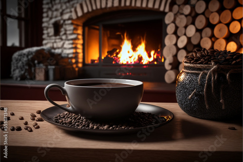 Delicious fresh festive morning cappuccino coffee in cozy Christmas decorated room
