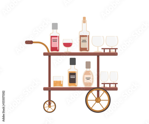Bar cart with bottles and glasses on white background. Home interior concept. Cartoon flat style. Vector illustration