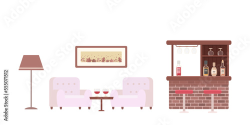 Bar counter made of mahogany and two cozy armchairs, isolated on white background. Restaurant interior concept. Cartoon flat style. Vector illustration