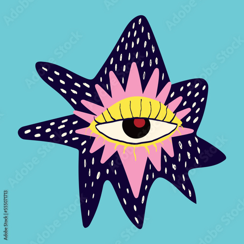 The magical mystical spiritualistic symbol of the eye is a Valentines Day or Halloween greeting card. Vector illustration in a modern doodle style