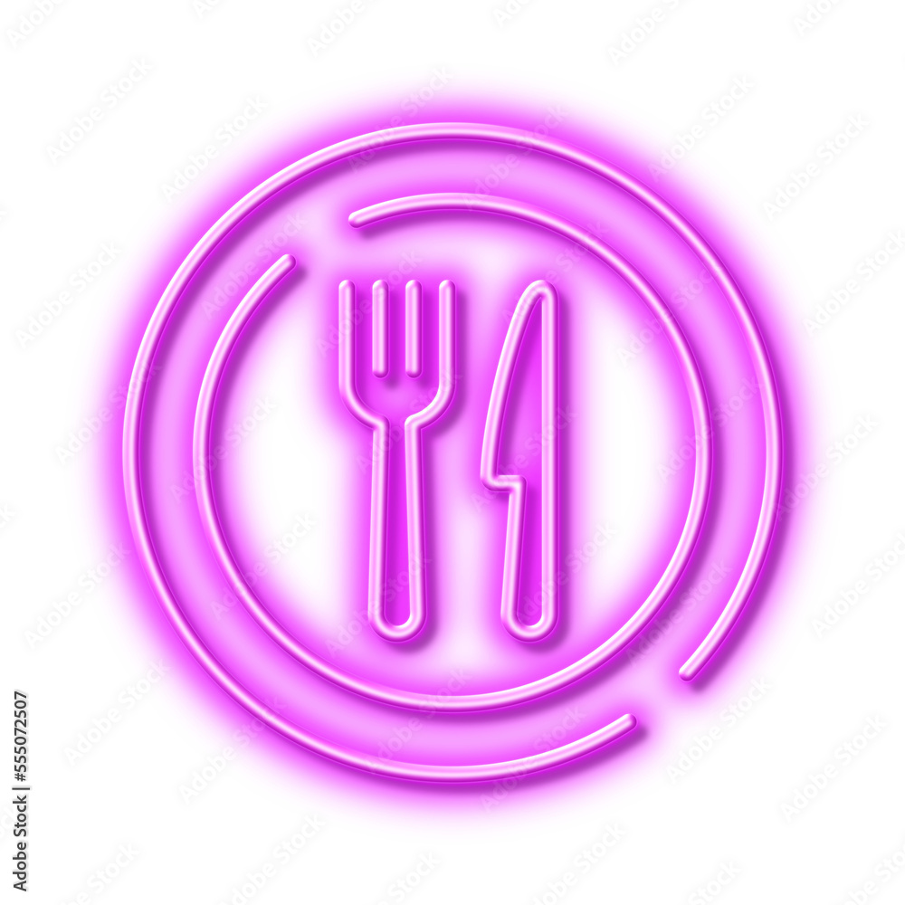 Food line icon. Dish plate with fork and knife sign. Neon light effect outline icon. Food line icon. Dish plate with fork and knife sign. Neon light effect outline icon.