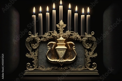 Money as a present with menorah for Hanukkah on black background. Jewish holiday tradition. Generative AI