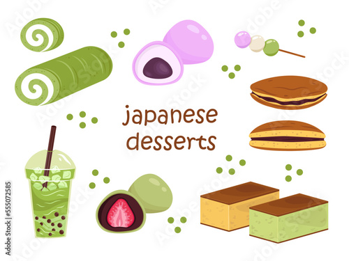 Vector set with japanese desserts. Bubble tea, mochi, hanami dango, castella and matcha roll cake. Collection of asian food.
