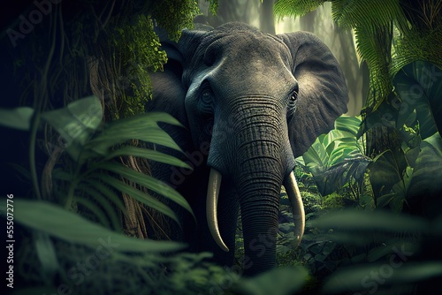 Fototapeta Naklejka Na Ścianę i Meble -  Photorealistic portrait of the elephant hiding in the jungle foliage. Generative art