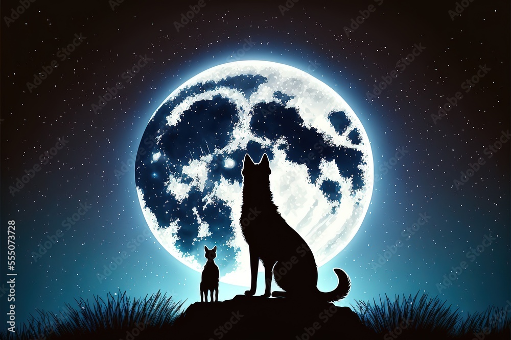 Santa in night sky against background of full moon. Dog silhouette looks up at sky. Christmas greeting card template. Vector cartoon illustration. Generative AI Santa in night sky against background of full moon. Dog silhouette looks up at sky. Christmas greeting card template. Vector cartoon illustration. Generative AI