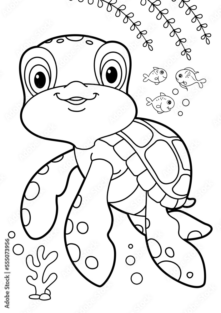 coloring book for kids, animals cartoon, undersea, ocean animals, cartoon, and outline vector illustration for children. Cute cartoon characters, Sea turtle cartoon