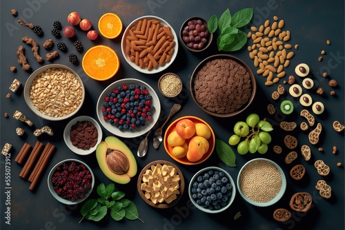 Selection of food for health cereals nuts fruits. Generative AI
