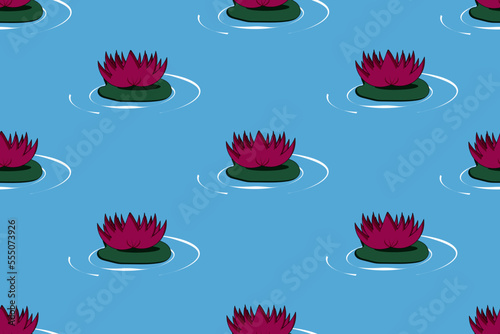 Seamless pattern with lotus flowers on a green leaf on a lake with streaks on the water. Wallpaper or bed linen print. Website banner concept with chinese flower. Thai flower festive. Bualuang.