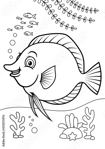 coloring book for kid, animals cartoon, undersea, underwater coloring book, ocean animals, cartoon coloring, Outline vector illustration, Yellow tank fish cartoon coloring book for kid