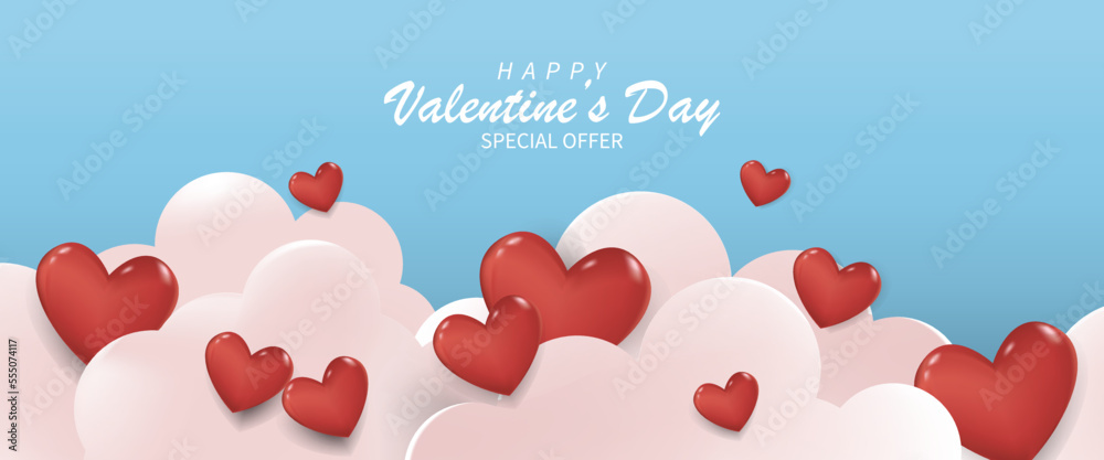 Happy Valentine's Day Poster or banner with cute font,sweet hearts on red background. Promotion and shopping template or background for Love and Valentine's day concept