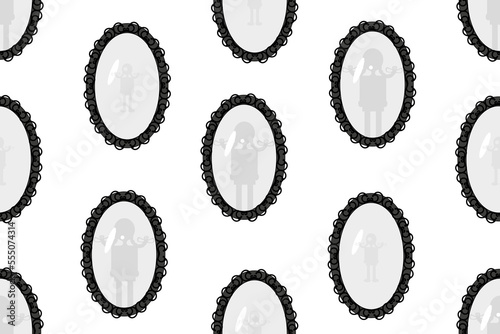 Seamless pattern with vintage mirrors with girl reflection on white background. Retro print for wallpaper and bed linen with mirrors