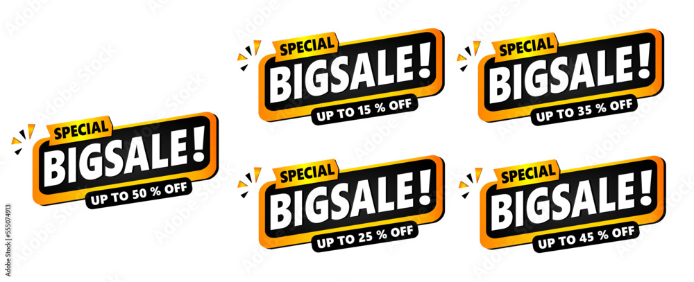 Percent sale gold banner template design set, Big sale special offer. up to 50% 15% 25% 35% 45% off. Vector illustration. Can used for business store event.