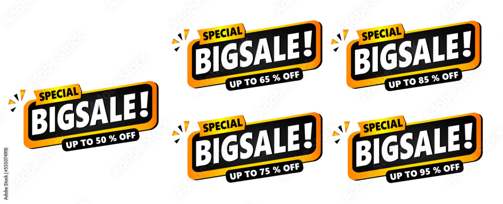 Percent sale gold banner template design set, Big sale special offer. up to 50% 65% 75% 85% 95% off. Vector illustration. Can used for business store event.