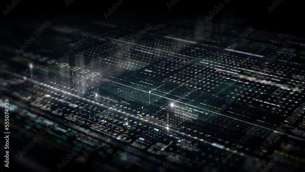 Futuristic abstract de-focus flowing data matrix, meta, metaverse, telemetry and encrypt numbers display with particles simulation in cyber space environment for head up display background