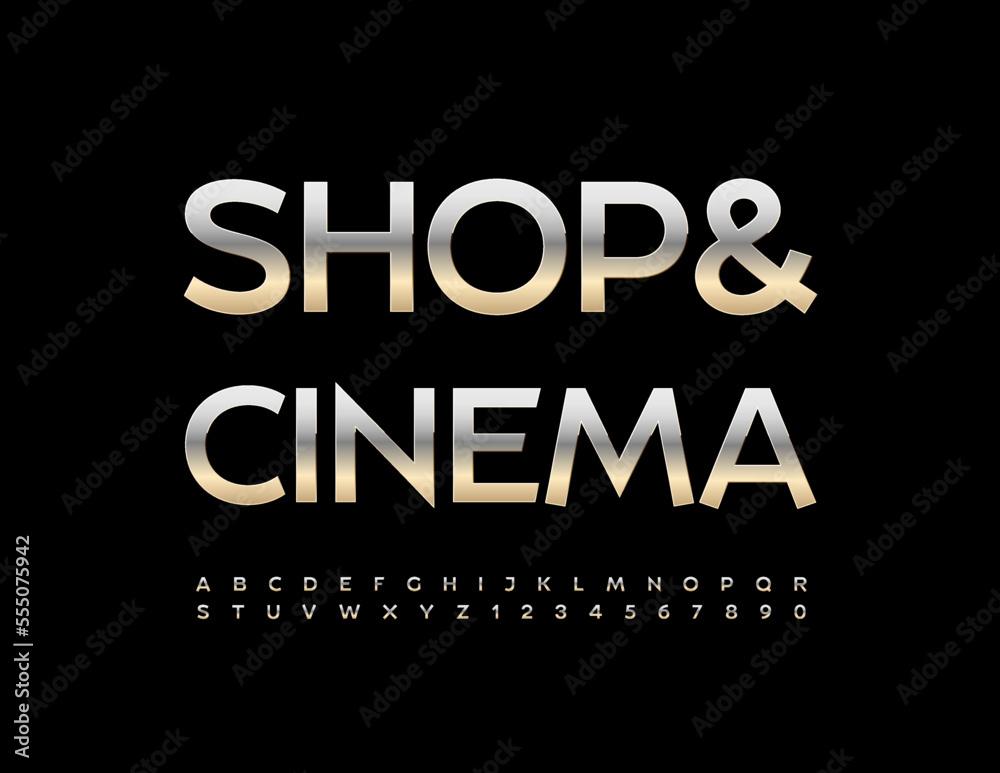Vector  advertising banner Shop and Cinema. Modern Silver Font. Metallic Alphabet Letters, Numbers and Symbols