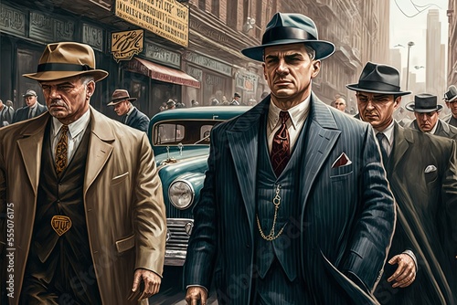 Generative Ai, Generative, Ai, Mobsters in early deys, on the streets,  Mafia people in suits, with vintage cars, retro vintage look scene image, 1930, 1940, 1950, Not a real person photo