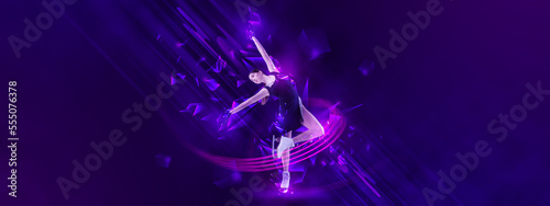 Photography Creative poster with sportive teen girl, junior female figure skater skating over blue background with neon polygonal elements