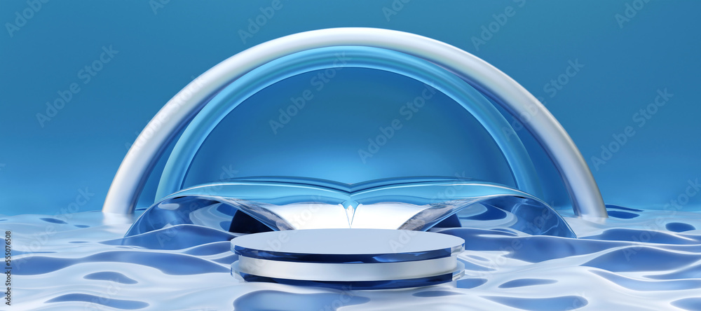 Blue cylinder podium with water surface texture on blue background.  Stand to show products. Fresh and healthy concept. Pedestal with copy space. Banner size. Website cover template. 3D rendering.