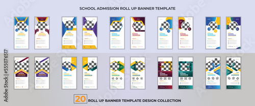 Modern school admission roll up banner design. Back to school education admission and school admission roll up banner bundle design template.