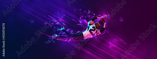 Poster with flying man, professional american football player in motion, action over dark purple background with polygonal and fluid neon elements. © Lustre
