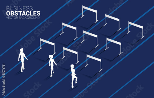 Silhouette businessman walking to hurdles obstacle race. Background concept for competition and challenge in business