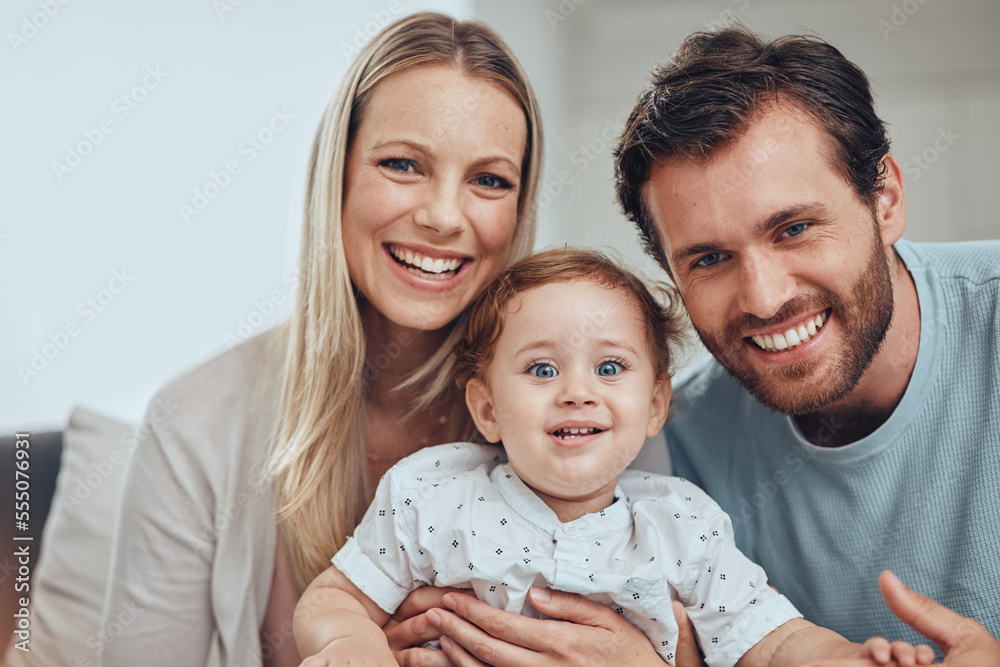 Family, portrait and baby with mother and father, smiling and bonding. Love, care and happy infant, kid or child with parents, man and woman, having fun and enjoying quality time together in house. Family, portrait and baby with mother and father, smiling and bonding. Love, care and happy infant, kid or child with parents, man and woman, having fun and enjoying quality time together in house.