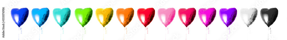 Set of colorful heart shaped balloons isolated on a white background. Valentines day. Love symbol. Beautiful birthday party gift. Different bright colors. Floating objects. Inflatable by helium gas