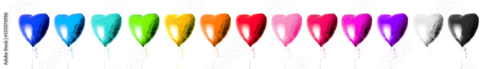 Set of colorful heart shaped balloons isolated on a white background. Valentines day. Love symbol. Beautiful birthday party gift. Different bright colors. Floating objects. Inflatable by helium gas Set of colorful heart shaped balloons isolated on a white background. Valentines day. Love symbol. Beautiful birthday party gift. Different bright colors. Floating objects. Inflatable by helium gas
