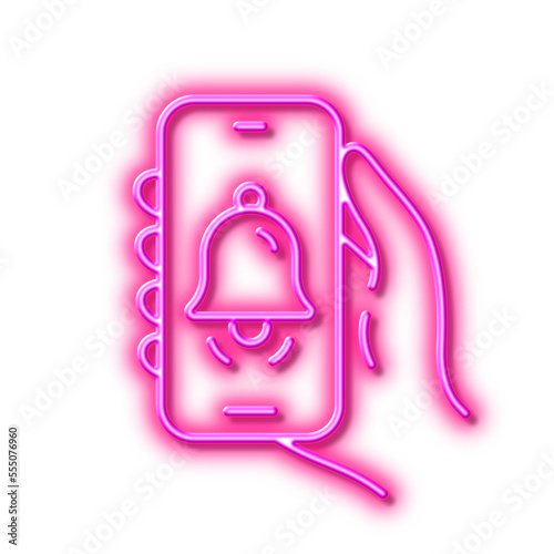 Bell alert line icon. Hand hold phone sign. Neon light effect outline icon.