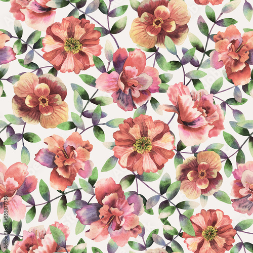 Floral seamless background. Pattern with beautiful watercolor flowers. Botanical hand drawn illustration. Texture for print, fabric, textile, packing.