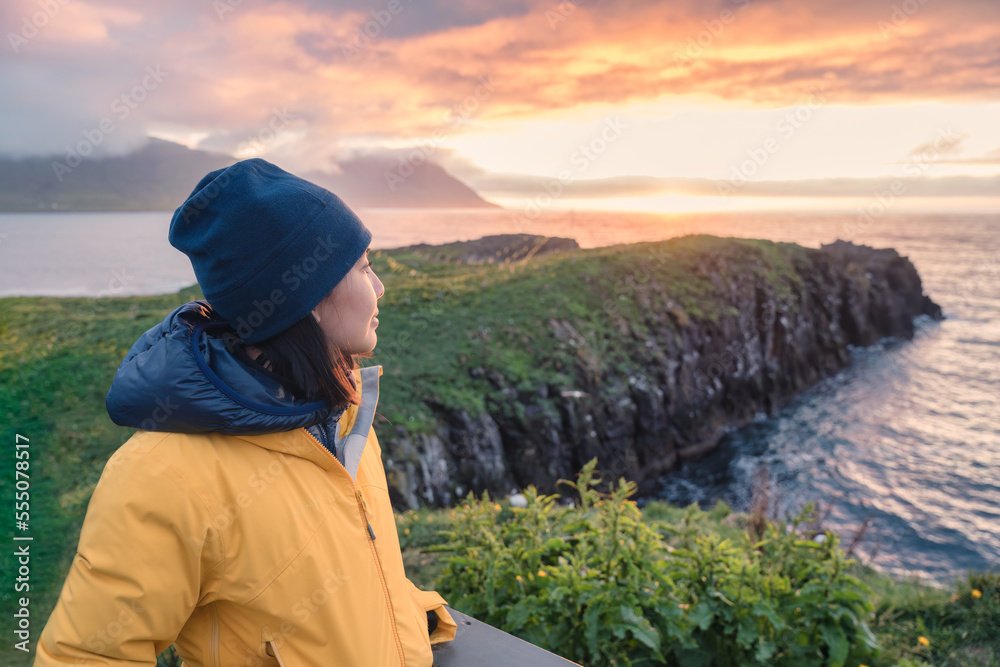 Young asian woman standing and watching puffin bird on the cliff among arctic ocean in Borgarfjordur Eystri on summer at East of Iceland Young asian woman standing and watching puffin bird on the cliff among arctic ocean in Borgarfjordur Eystri on summer at East of Iceland