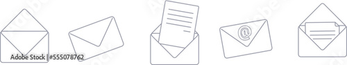 ensemble d'icônes ou pictogrammes sur le thème de l'envoi de courrier, de l'enveloppe, ouverte ou fermée