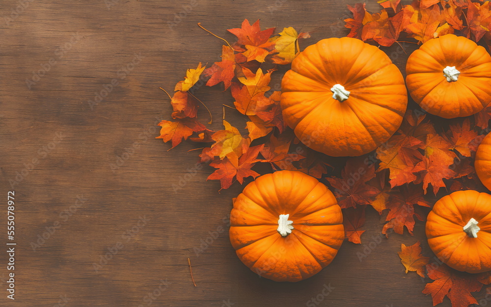 Illustration of autumn leaves and pumpkins outdoors, generative ai Illustration of autumn leaves and pumpkins outdoors, generative ai
